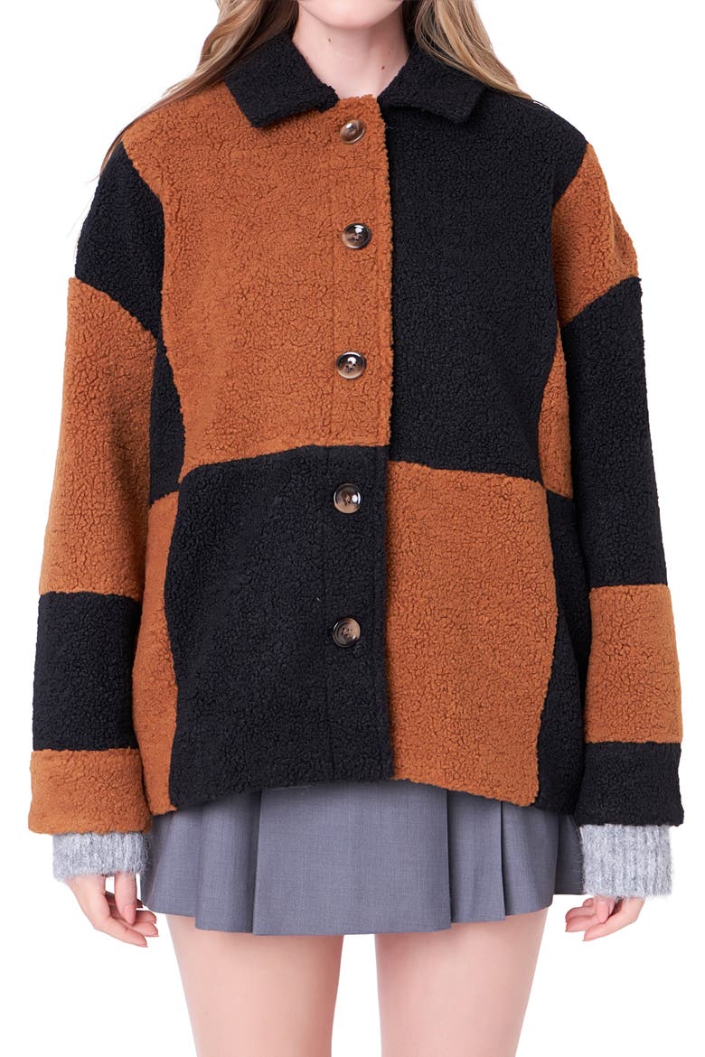 Oversize Check Teddy Jacket, Main, color, BLACK/ CAMEL