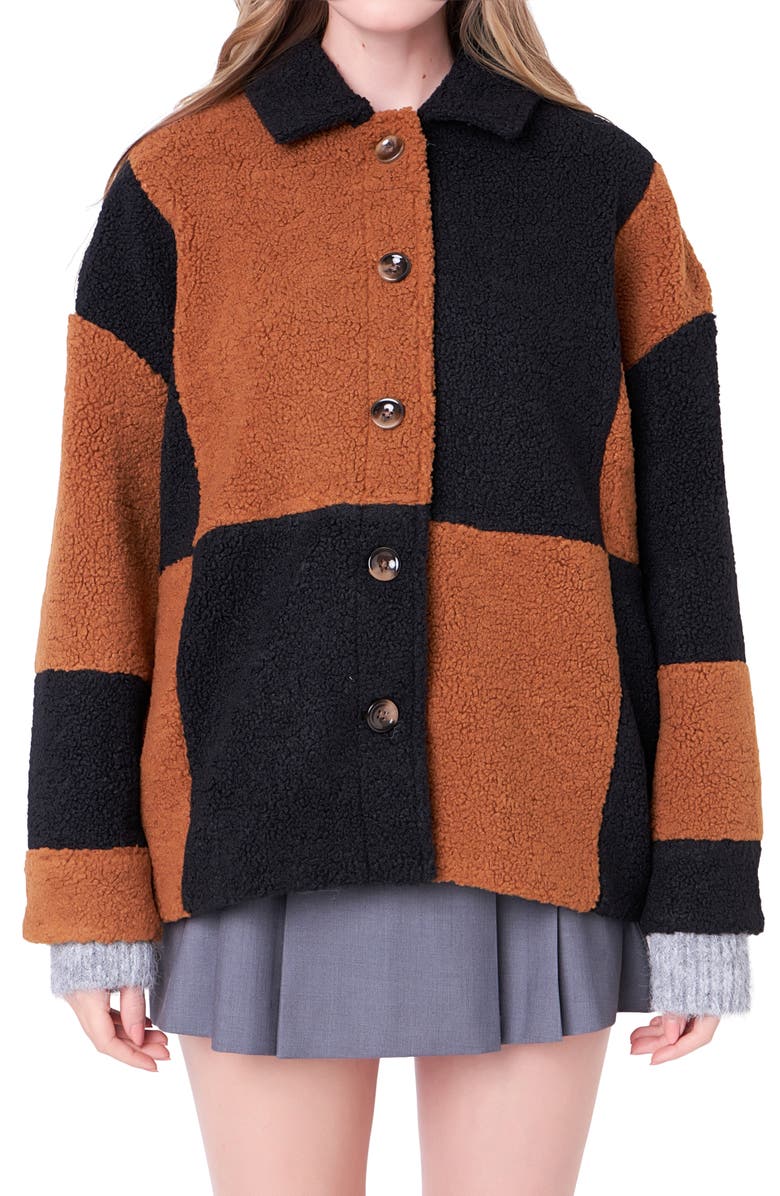 English Factory Oversize Check Teddy Jacket, Main, color, Black/ Camel