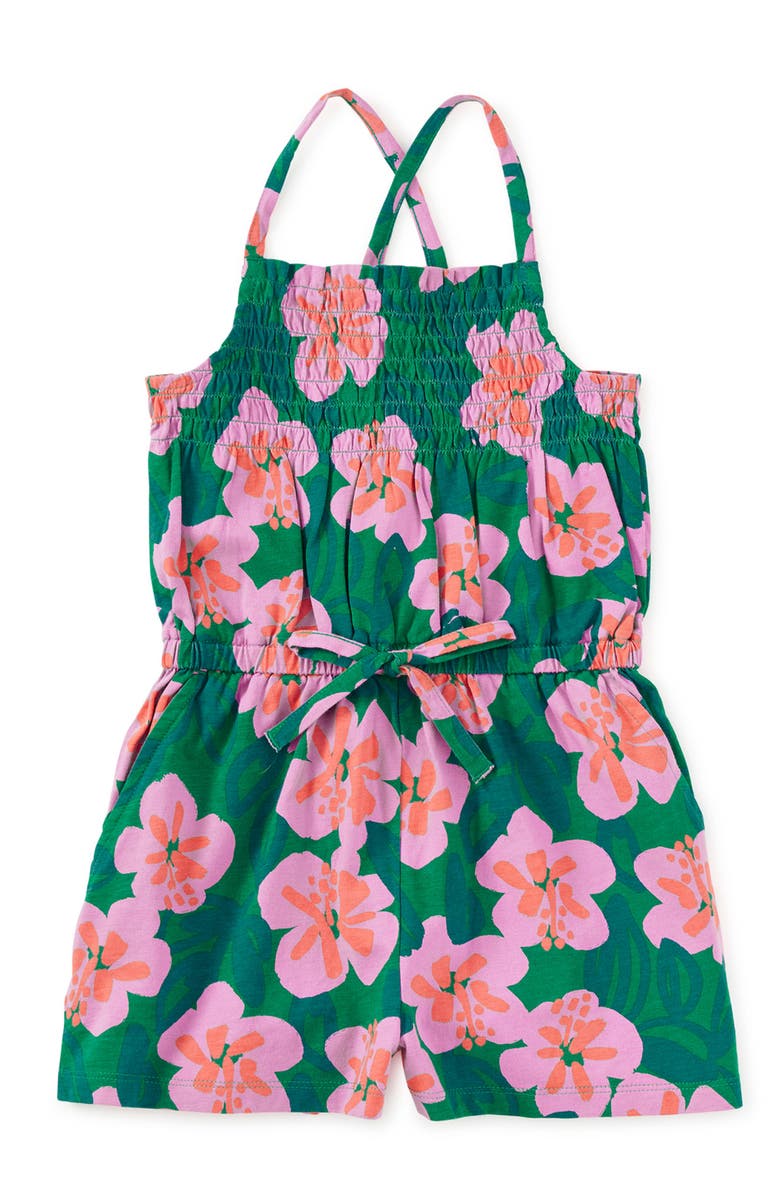 Tea Collection Smocked Strappy Romper, Main, color, Bold Hibiscus