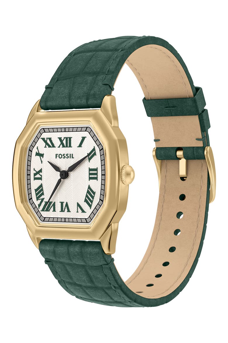 Harlow Croc Embossed Leather Strap Watch, 27mm, Alternate, color, WHITE/ GREEN/ GOLD
