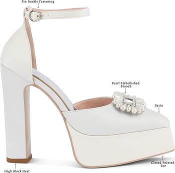 Maeissa Pearly Brooch Ankle Strap Platform Pump