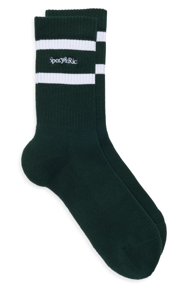 Sporty & Rich Stripe Serif Logo Embroidered Crew Socks, Alternate, color, Forest/White