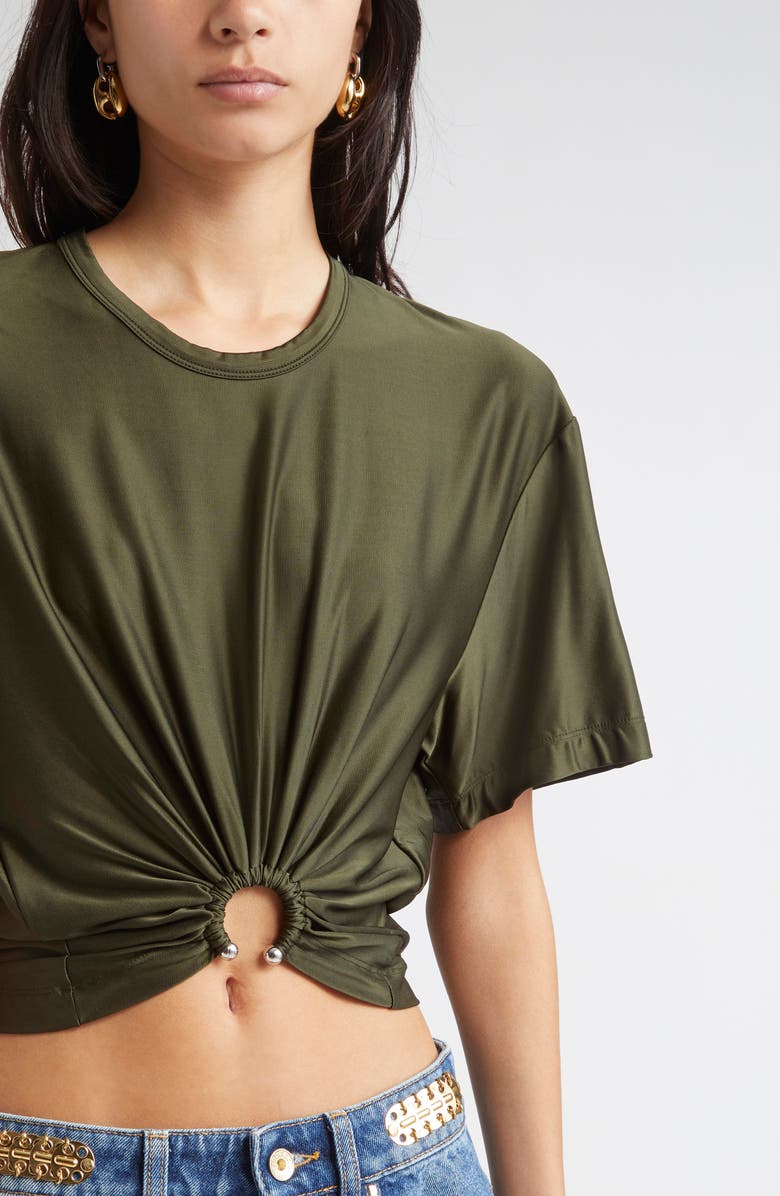 Rabanne Piercing Ring Satin Jersey Crop T-Shirt, Alternate, color, New Kaki