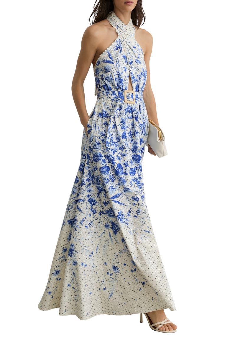 Amaya Belted Halter Maxi Dress, Alternate, color, IVORY/ BLUE