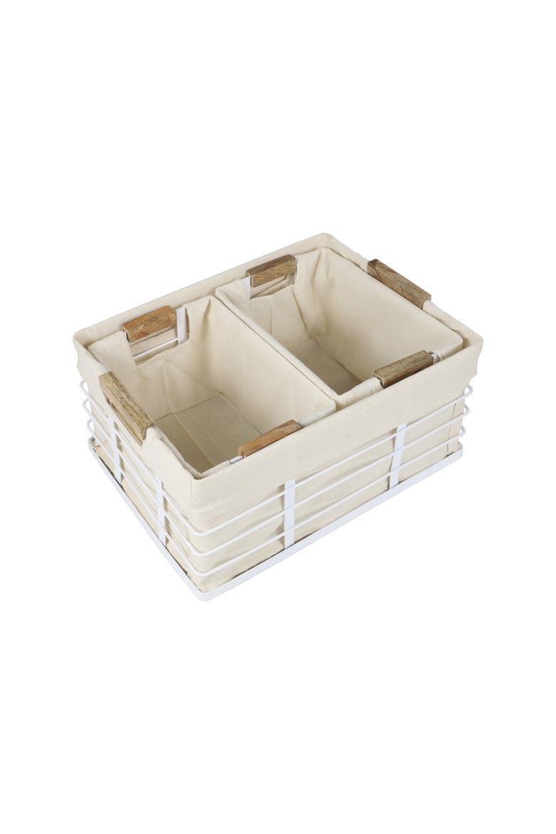 Callan Vintage Industrial Handmade Wire Metal Nesting Storage Baskets with Wood Handles and Fabric Liner, Alternate, color, White