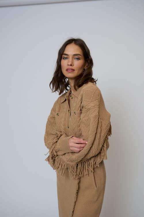 Central Park West Elyse Cabled Fringe Sweater Cardigan In Brown