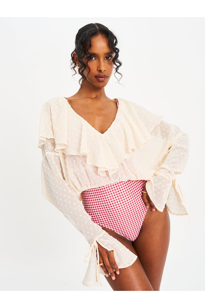 Magali Dotted Mesh Ruffle V Collar Top, Alternate, color, Beige