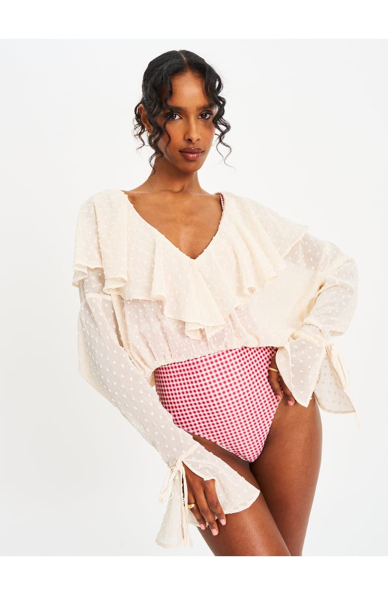 Miss Circle Magali Dotted Mesh Ruffle V Collar Top, Alternate, color, Beige