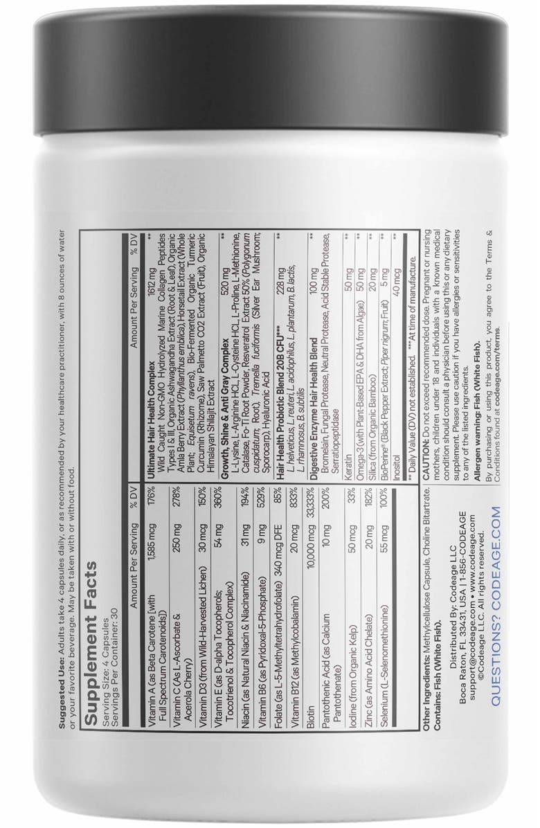 Codeage Hair Vitamins + Biotin Collagen Supplement, Alternate, color, White