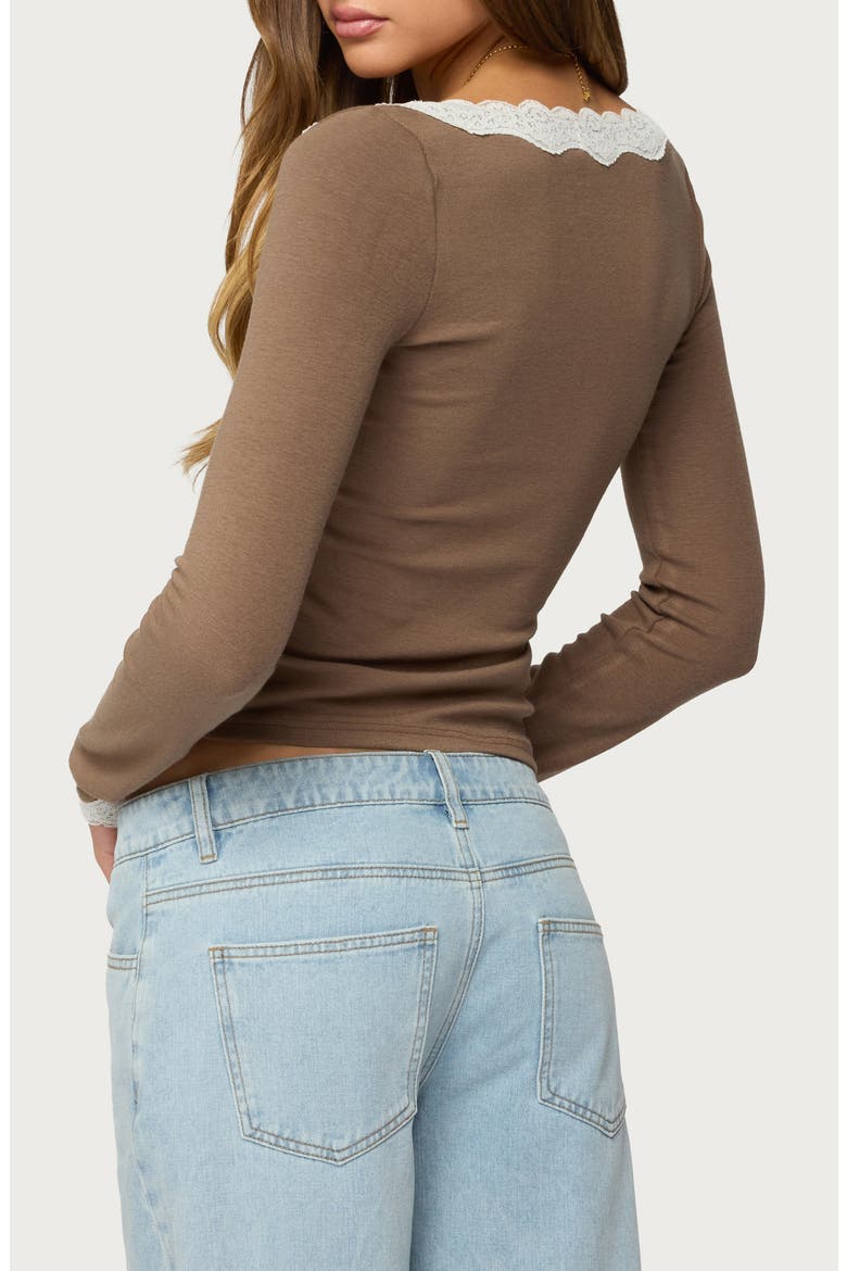Contrast Lace Trim Long Sleeve Top, Alternate, color, BROWN