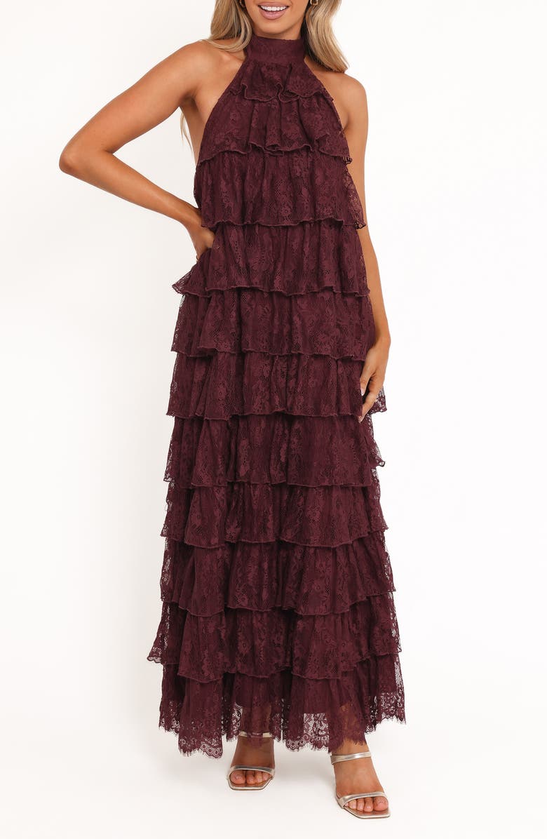 Petal & Pup Zoella Ruffle Tiered Maxi Dress, Main, color, Cherry Lace