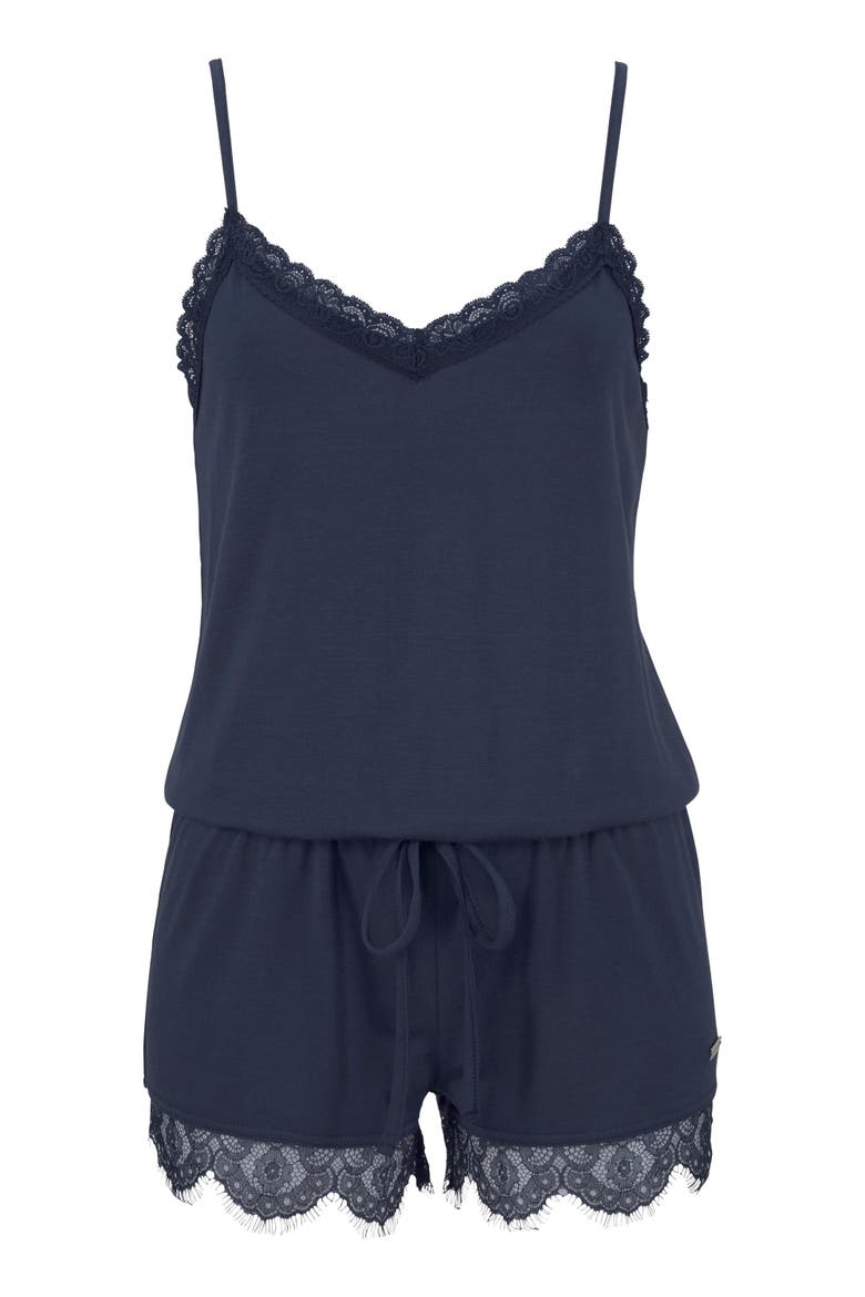 Lace Detail Pajama Romper, Alternate, color, Navy
