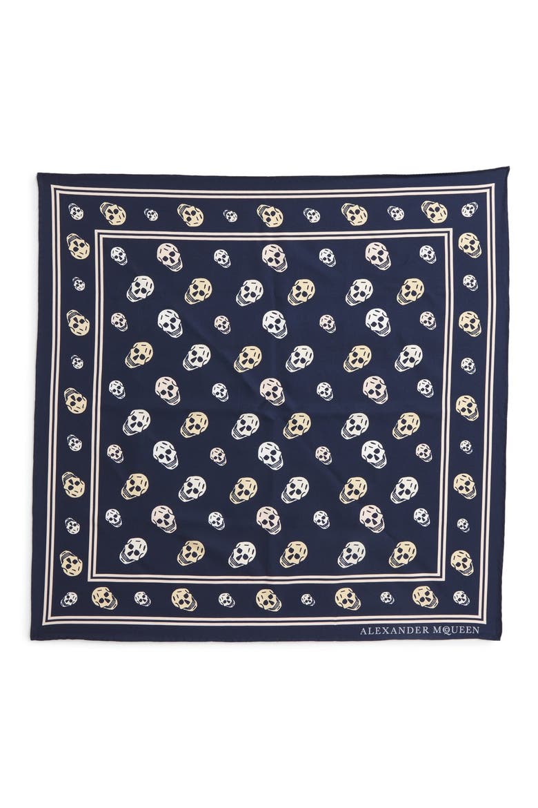 Alexander McQueen Skull Print Silk Twill Scarf, Alternate, color, NAVY/IVORY