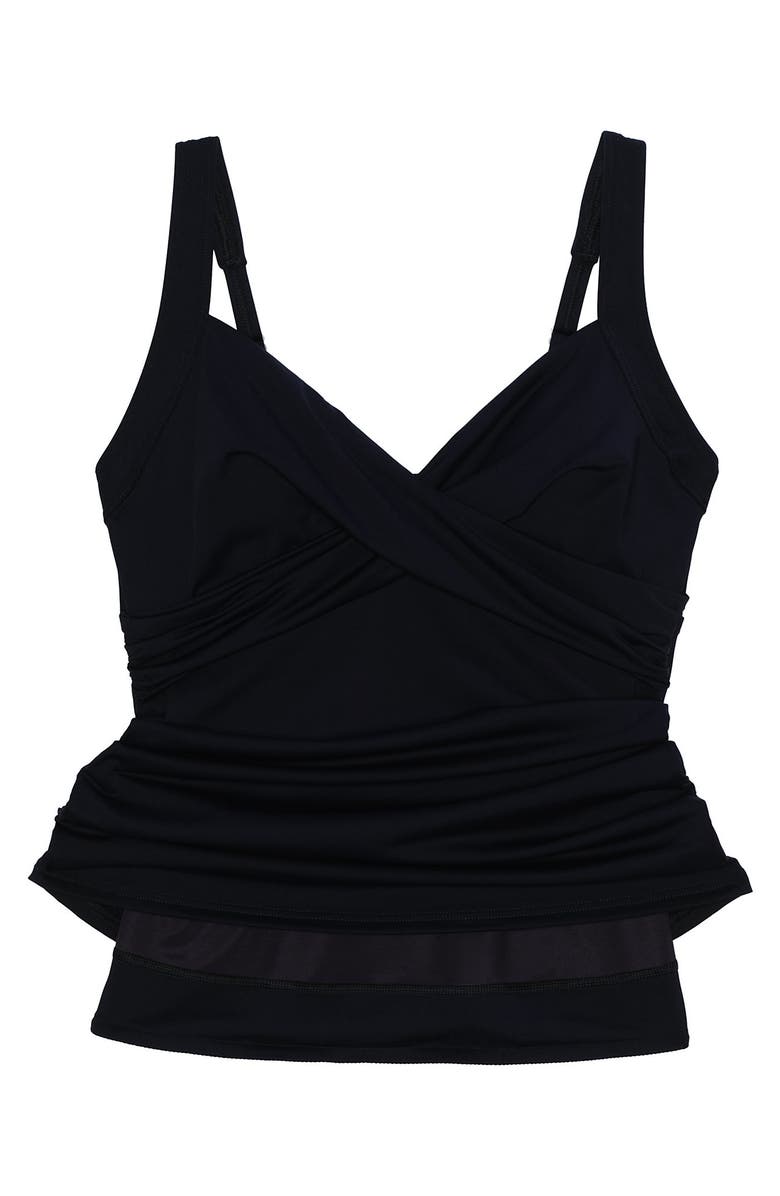 Lands' End D-Cup Chlorine Resistant Tummy Control Wrap Underwire Tankini Swimsuit Top, Alternate, color, Black