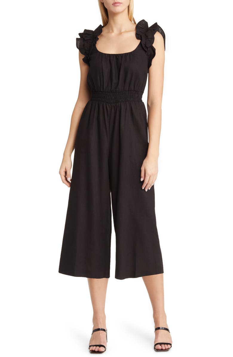 Vince Camuto Ruffle Shoulder Linen Blend Crop Jumpsuit, Main, color, Black