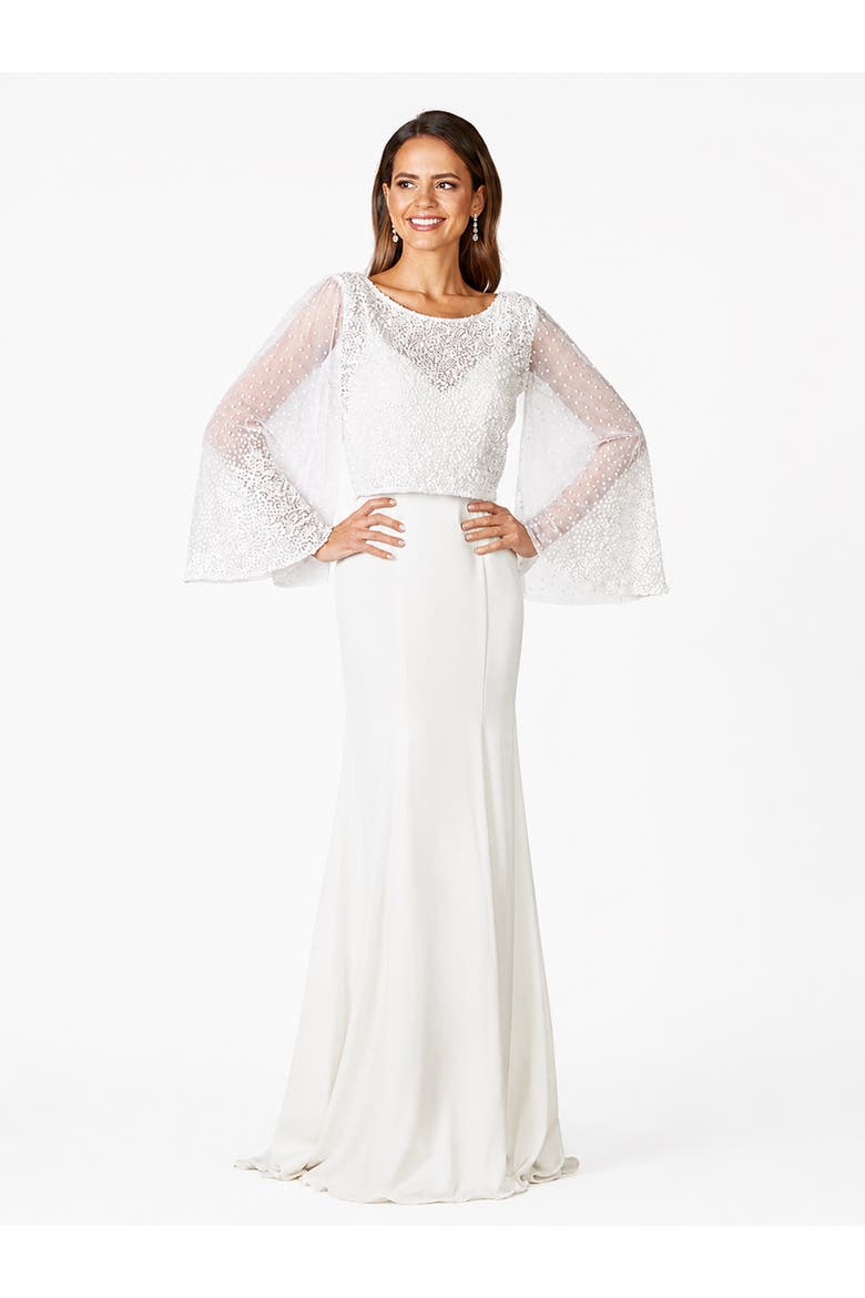 Beaded Faux-Wrap V-Neck Bridal Gown, Alternate, color, Ivory