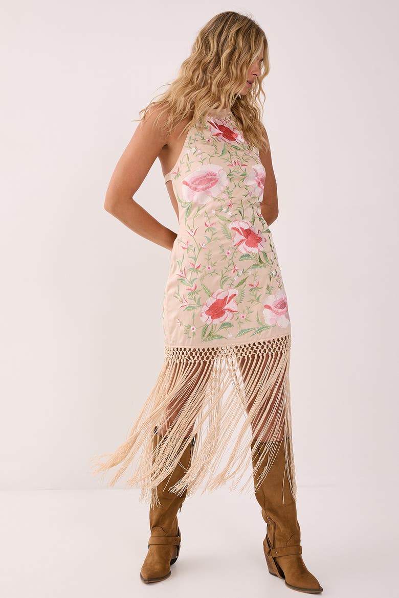 Beaded Halter Fringe Mini Dress, Main, color, Nude