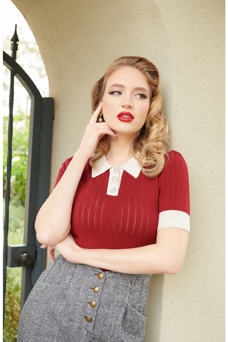 Collared Short Sleeve Prim & Pretty Sweater, Alternate, color, Burgundy