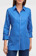 Foxcroft Evelyn Stripe Three-Quarter Sleeve Cotton Button-Up Shirt