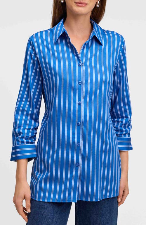 Foxcroft Evelyn Stripe Three-quarter Sleeve Cotton Button-up Shirt In Blue