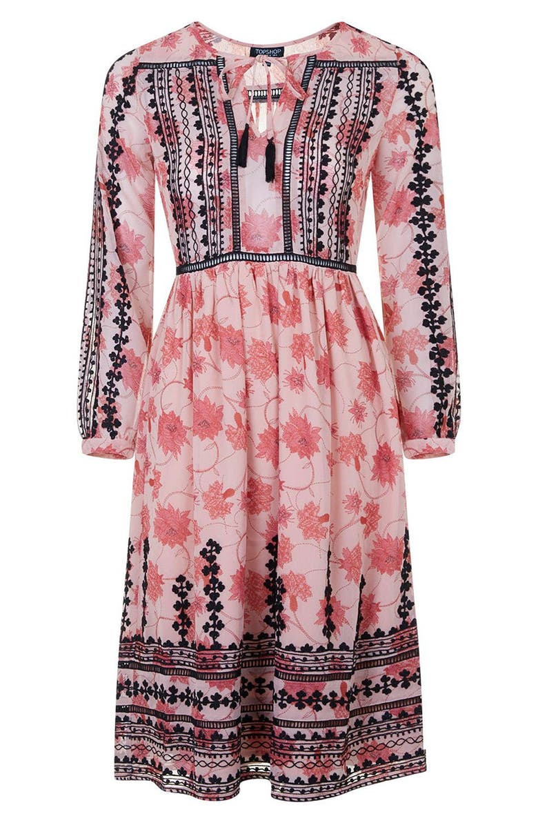 Topshop Embroidered Print Midi Dress, Alternate, color, 