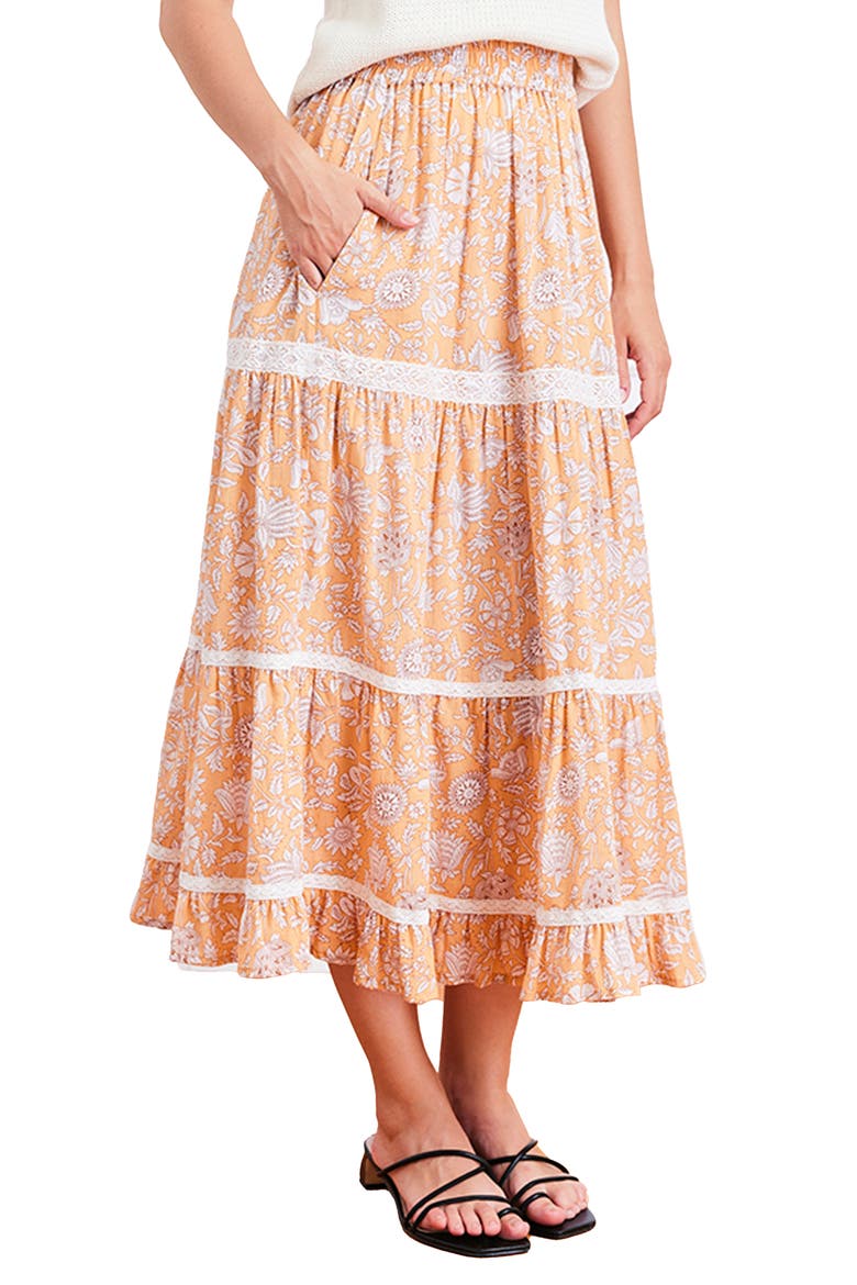 Colette Lace Inset Tiered Midi Skirt, Alternate, color, Poppy Garden
