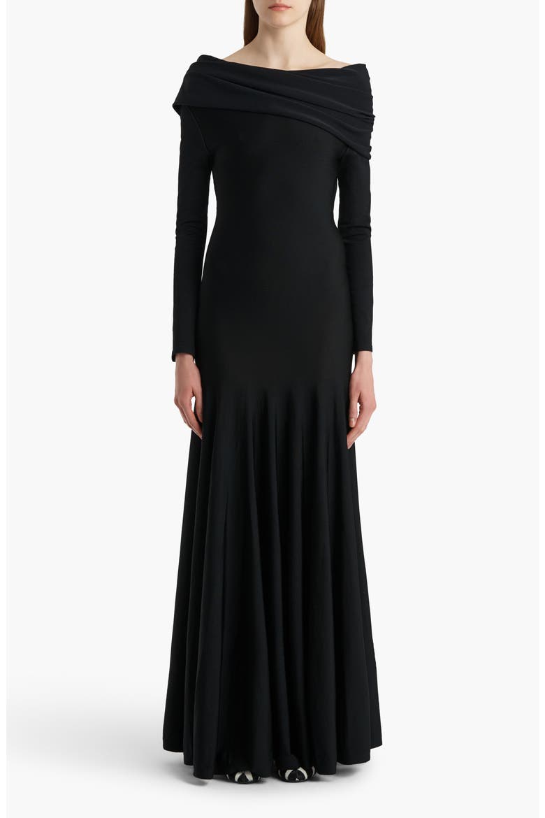Genesis Off The Shoulder Long Sleeve Gown, Main, color, BLACK