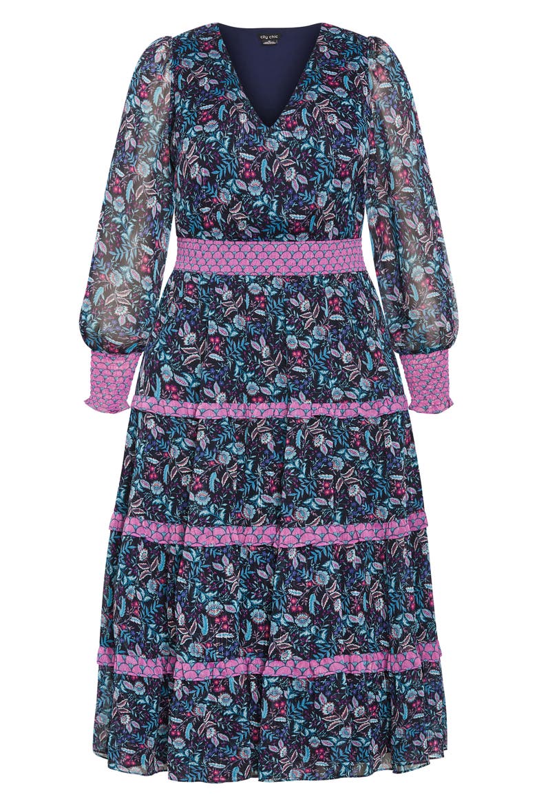 Ailani Floral Tiered Midi Dress, Alternate, color, PURPLE FLORAL
