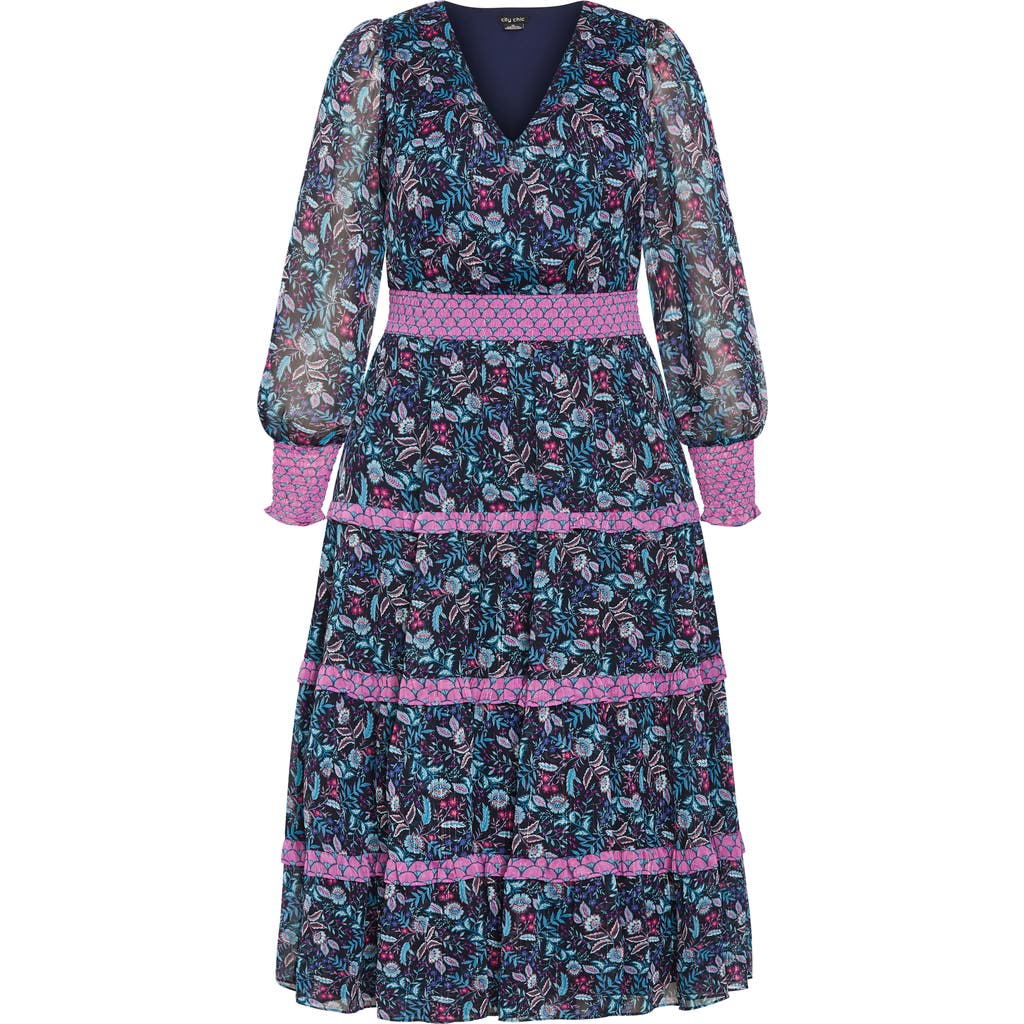 City Chic Ailani Floral Tiered Midi Dress In Blue