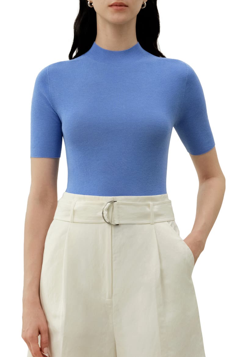 Women's Seamless Silk-Cotton Slim-Fit Knit Top, Main, color, Malibu Blue