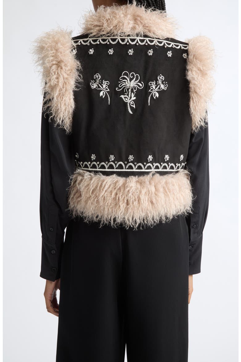 Amaranthe Faux Fur Trim Embroidered Vest, Alternate, color, BLACK/ DARK GARDENIA