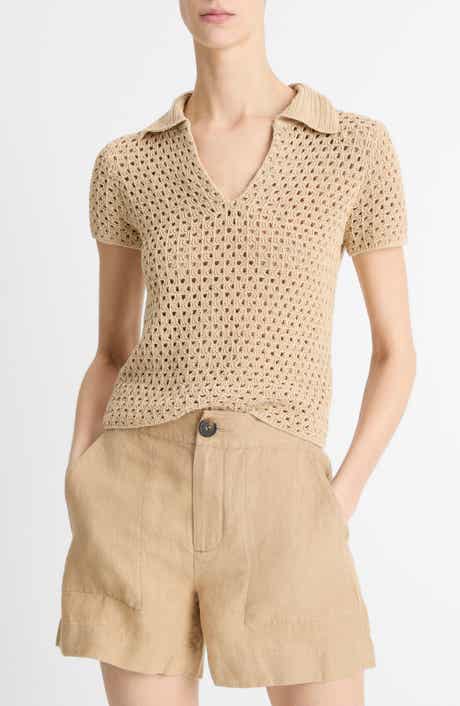 Vince Open Stitch Cotton Johnny Collar Sweater