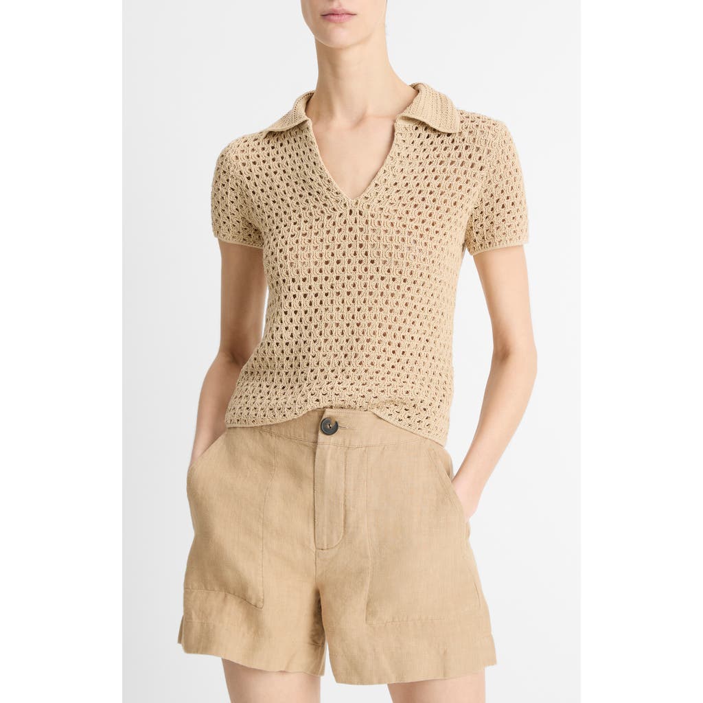 Shop Vince Open Stitch Cotton Johnny Collar Sweater In Pale Nut