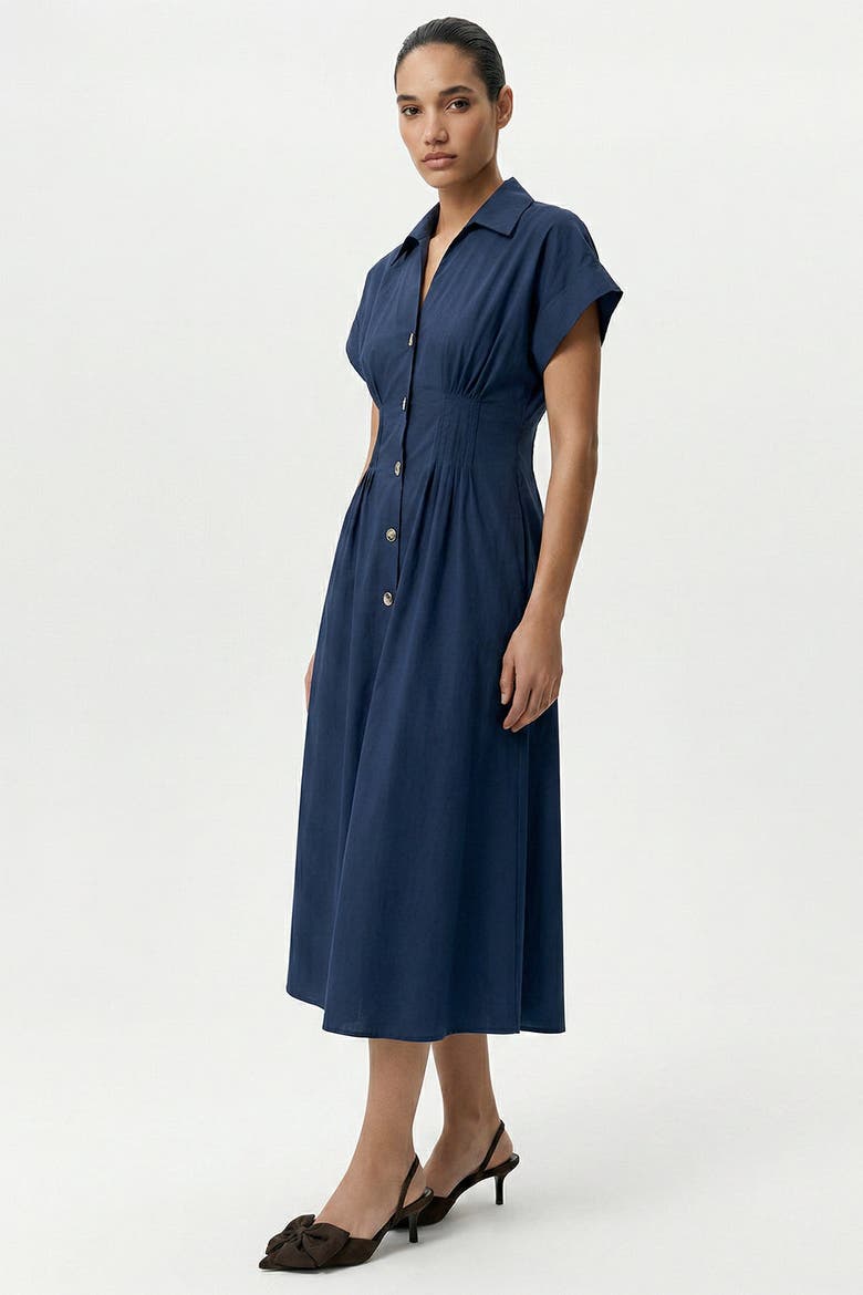 Reilly Shirt Collar Elastic Waist Midi Dress, Alternate, color, Navy