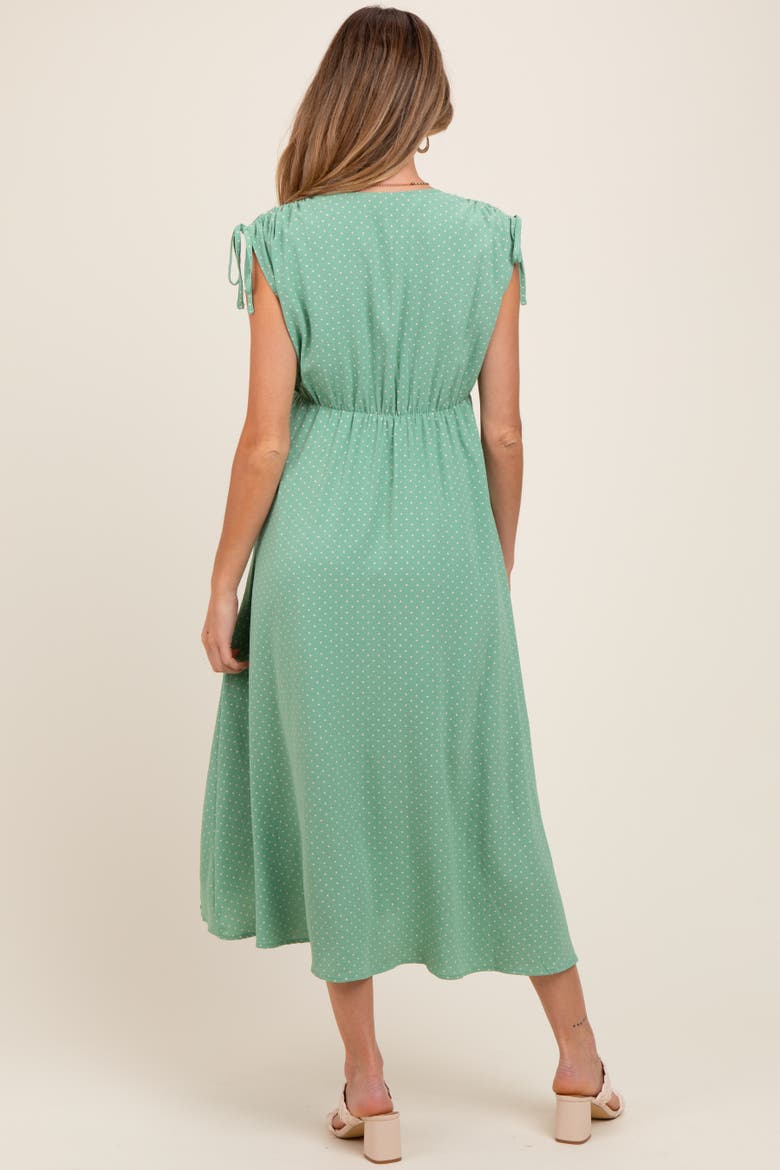 Button-Down Polka Dot Shirred Bow Midi Dress, Alternate, color, Green