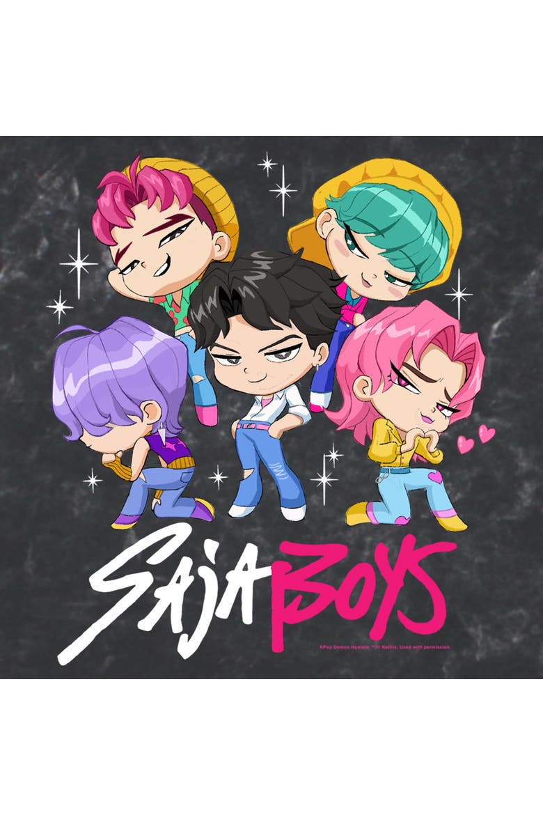 Mens KPop Demon Hunters Saja Boys Chibi Group T Shirt, Alternate, color, Black