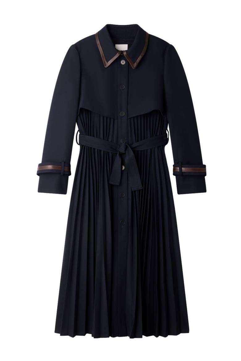 Trench with pleated leather collar, Alternate, color, Navy blue