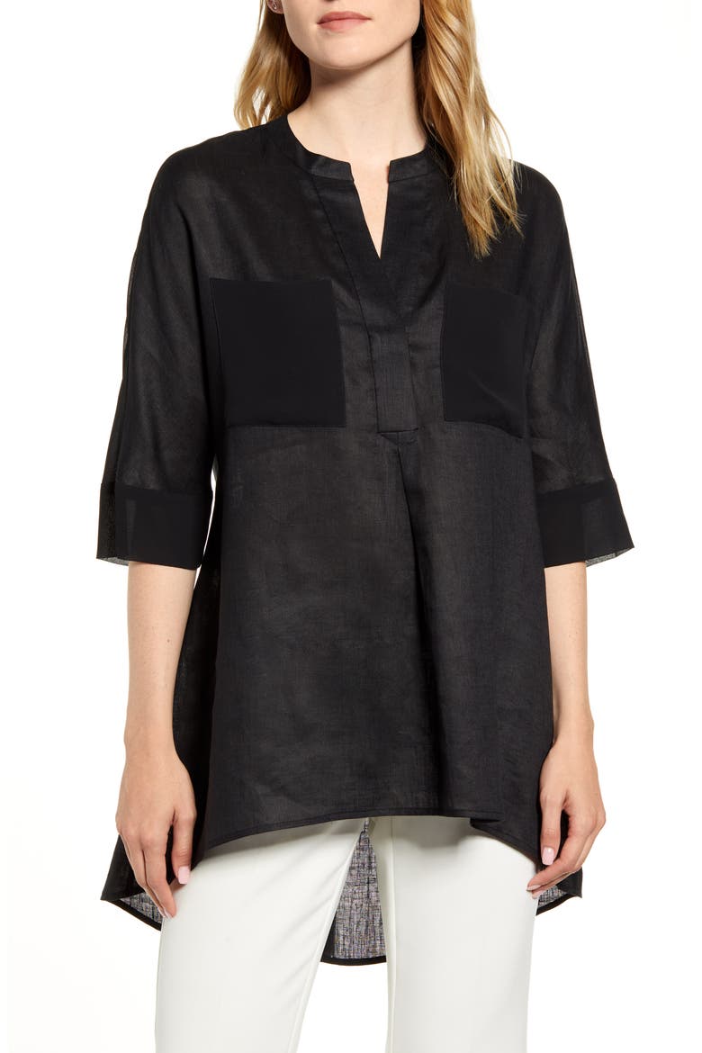 Asymmetrical Hem Linen Tunic Top, Main, color, ANNE BLACK