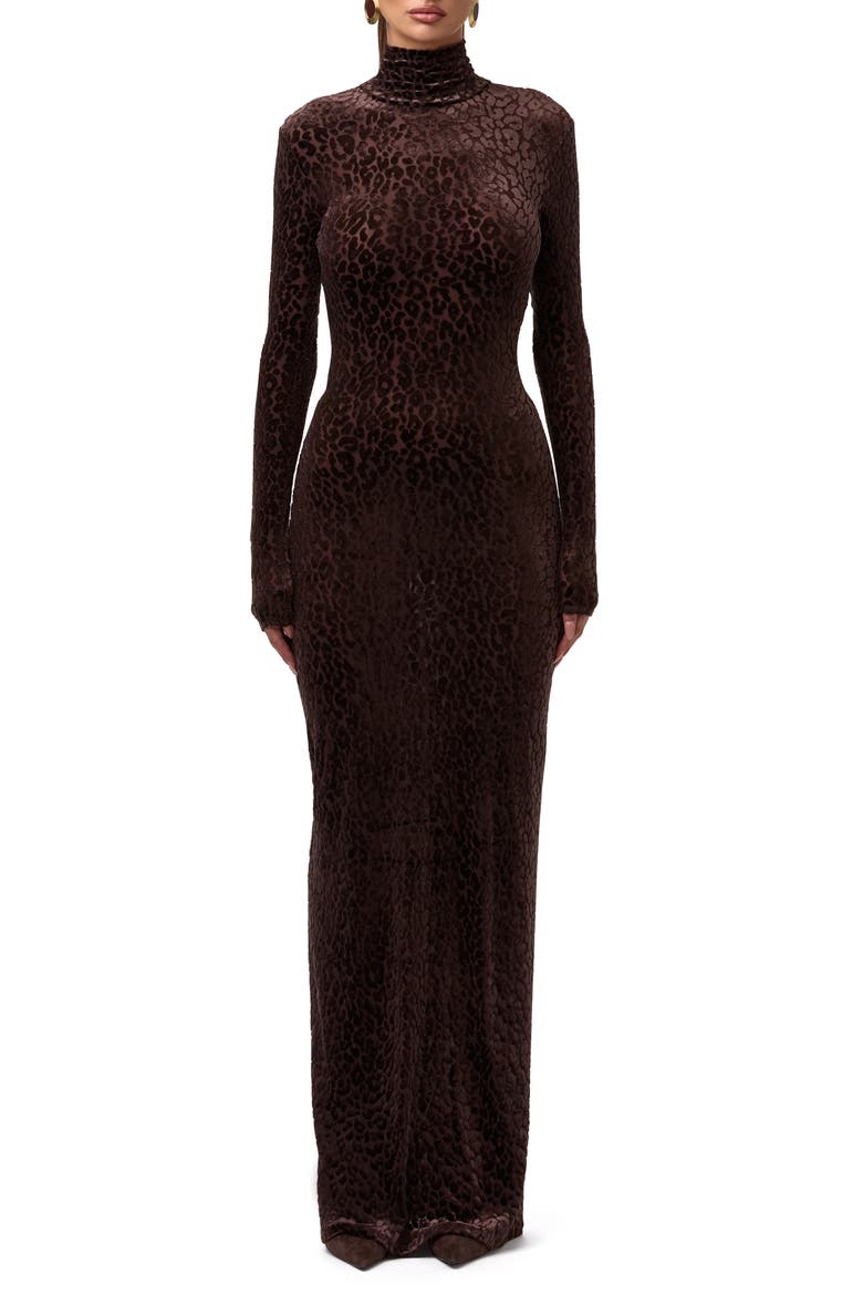 Burnout Long Sleeve Maxi Dress, Main, color, LEOPARD DARK CHOCOLATE
