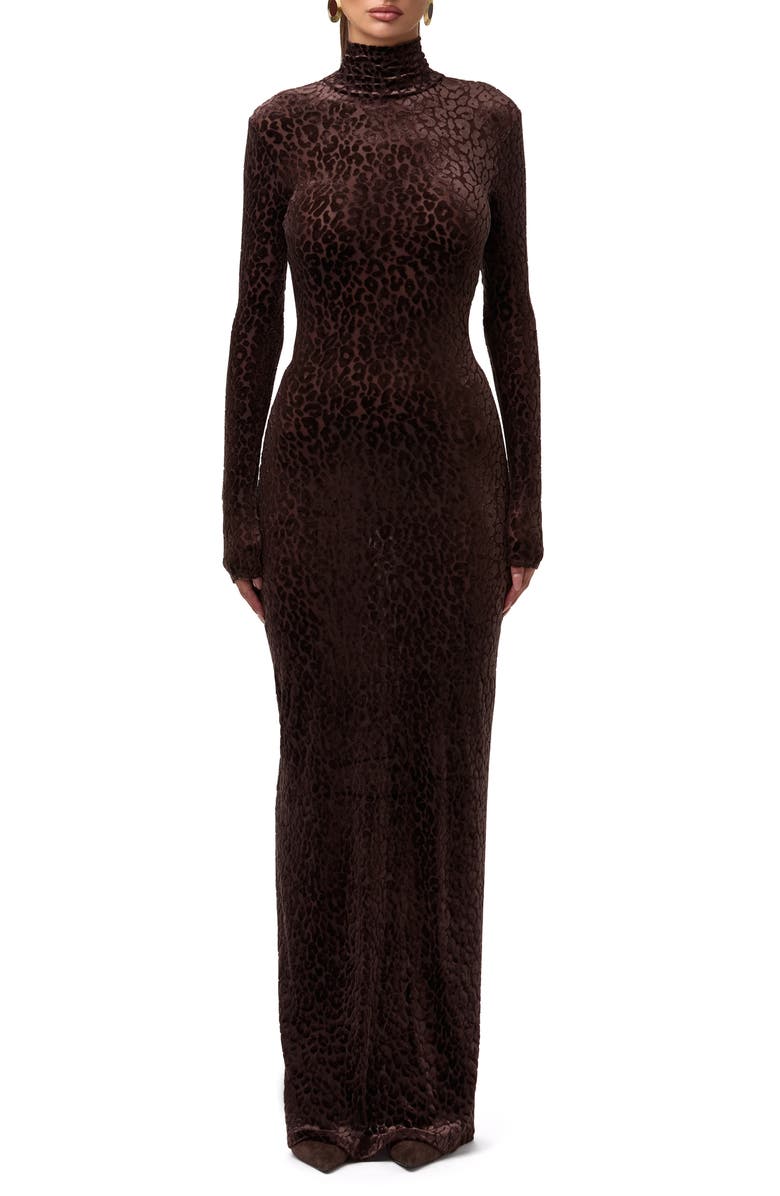 Naked Wardrobe Burnout Long Sleeve Maxi Dress, Main, color, Leopard Dark Chocolate