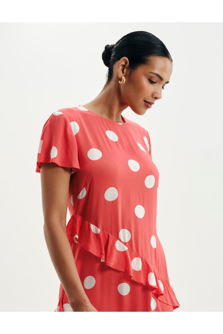 Sierra Asymmetric Ruffle Midi Dress, Alternate, color, Red Spot