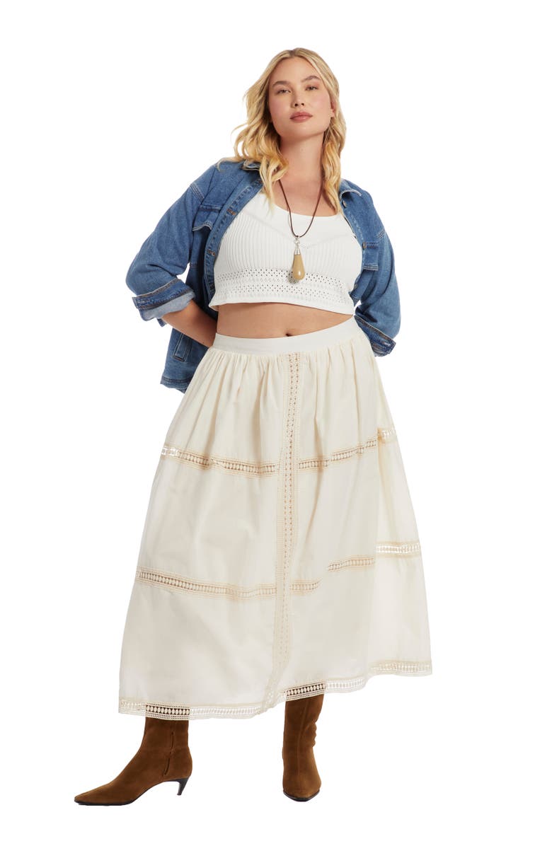 June + Vie Lace Insert Midi Skirt, Main, color, Warm Cream