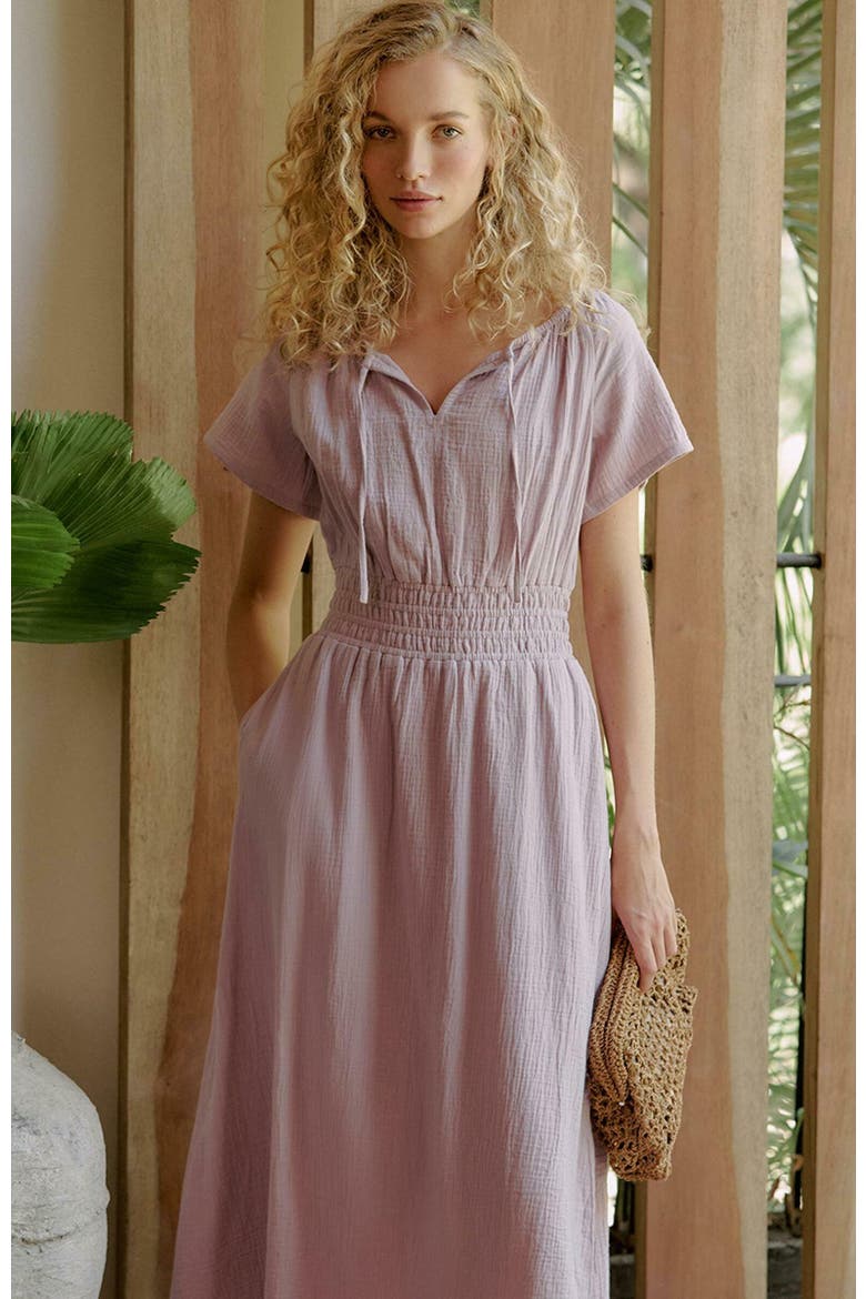 Organic Cotton Coastal Double Gauze Boho Midi Dress, Alternate, color, Lavender Haze