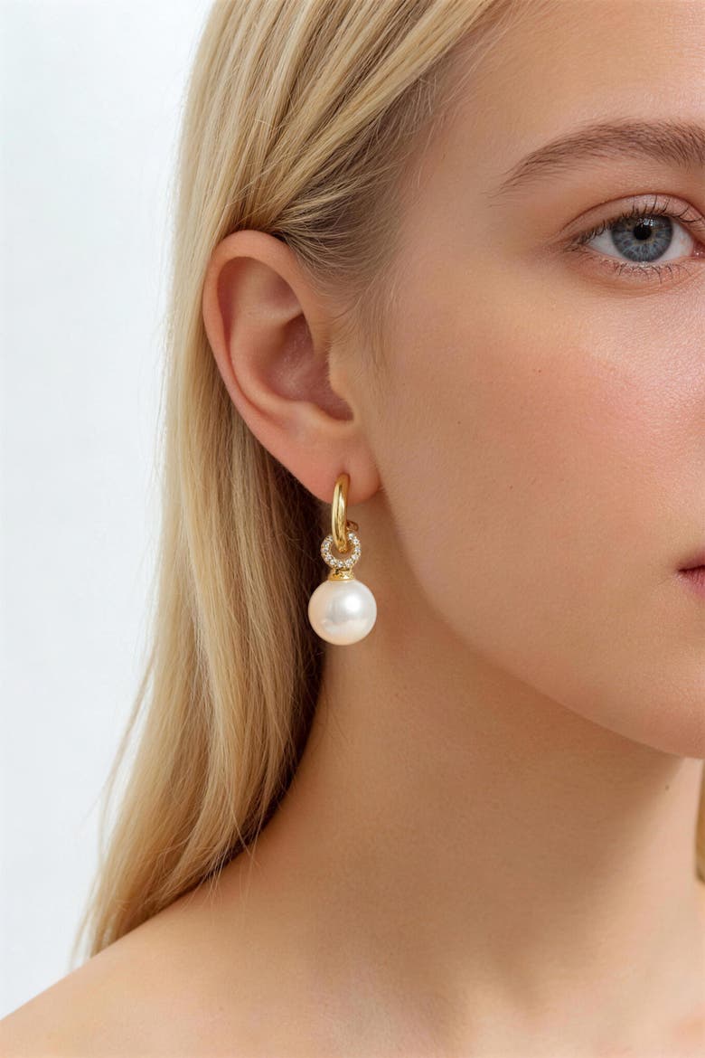 Sia Shell Pearl Drop Hoop Earrings, Alternate, color, Gold