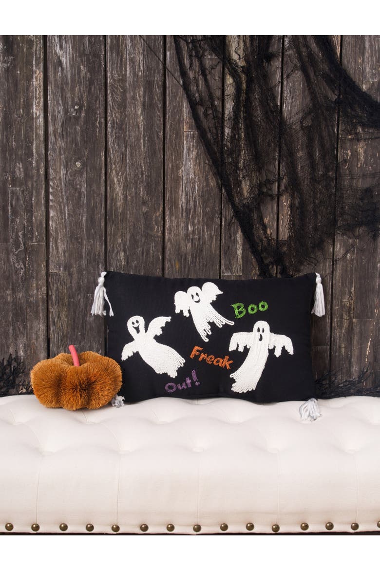 "Boo! Freak Out!" Flyi Ghosts Halloween Accent Pillow 13" x 20" w/ White Tassels, Alternate, color, Black