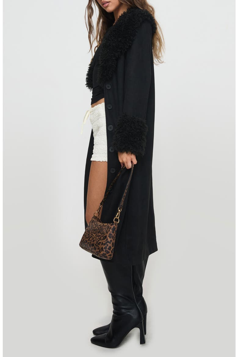 After Party Faux Suede Long Coat with Faux Shearling Trim, Alternate, color, BLACK