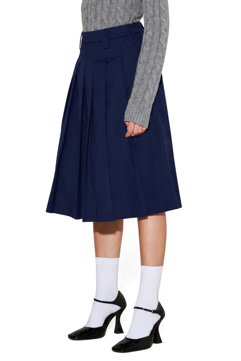 Pleated Cotton Midi Skirt, Alternate, color, NAVY
