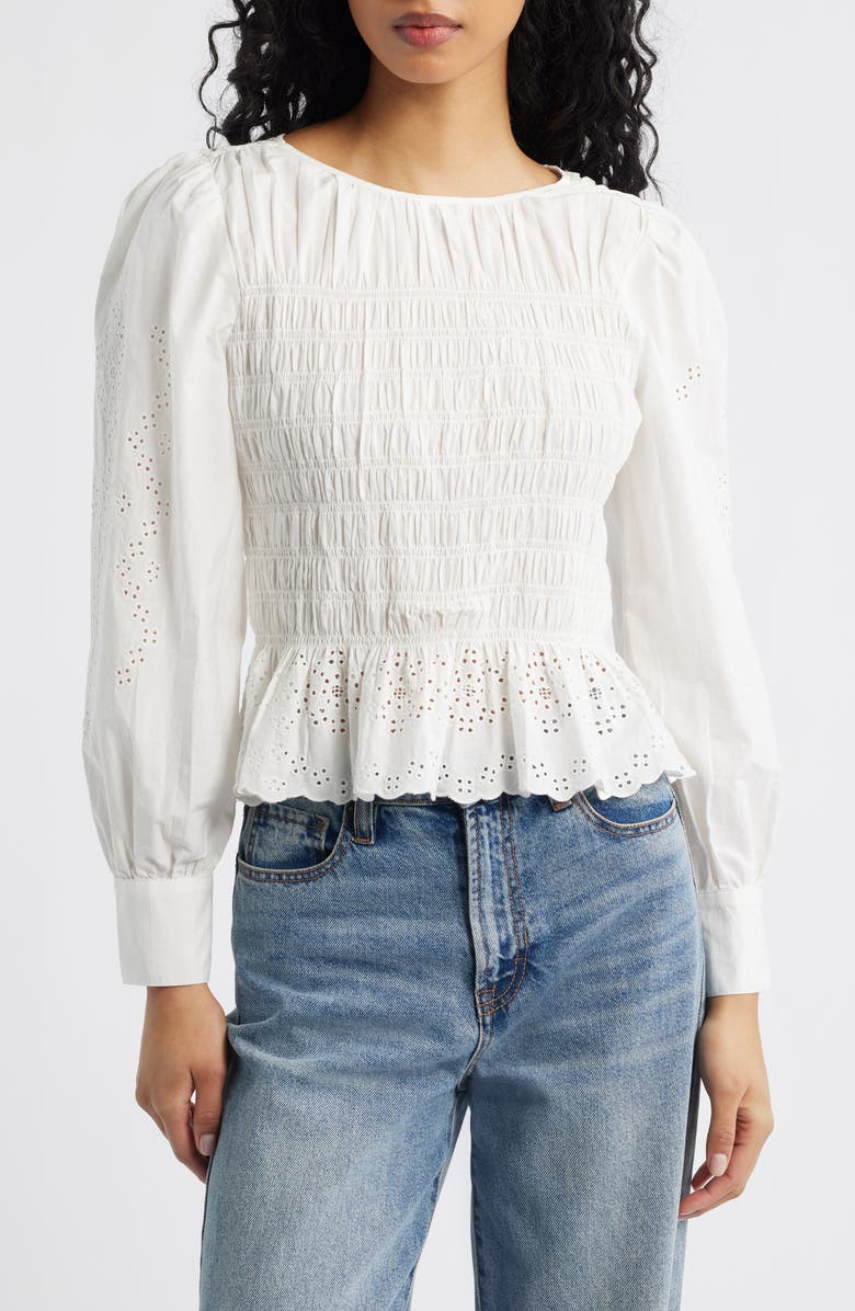 Rails Tabi Eyelet Embroidered Smocked Cotton Top, Main, color, White Embroidery