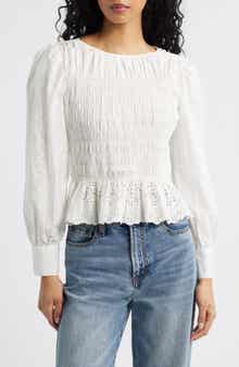 Tabi Eyelet Embroidered Smocked Cotton Top
