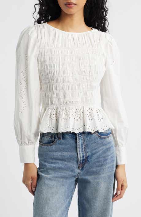 Tabi Eyelet Embroidered Smocked Cotton Top